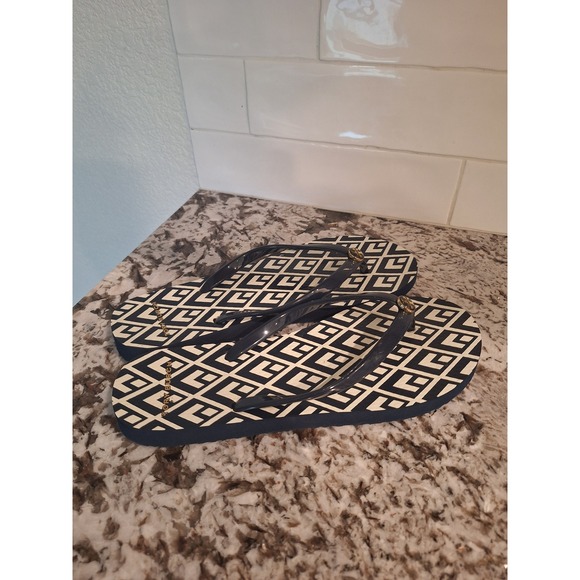 TORY BURCH BLUE & WHITE GOLD LOGO FLIP FLOPS SIZE 8 - Picture 3 of 9